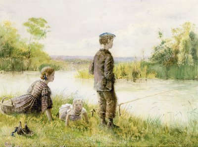 Children Fishing by a Stream by George Goodwin Kilburne